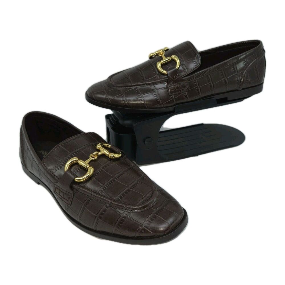 New Jeffrey Campbell Velviteen Bit Loafer Croc Embossed Brown Leather Size 10